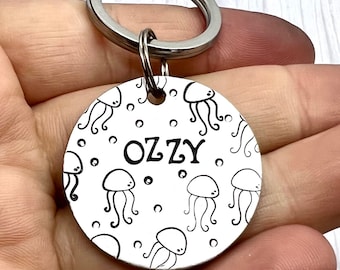 Jellyfish • Personalised custom sea bubbles ocean wildlife jelly fish, Dog, Hand stamped metal Dog ID tag cat Keyring dogtag