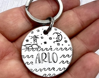 STARY SEA • Personalised Dog Tag , Lighthouse, cliff, star, sea, waves, stars, moon, ocean, Hand stamped metal Dog ID tag Keyring Keychain