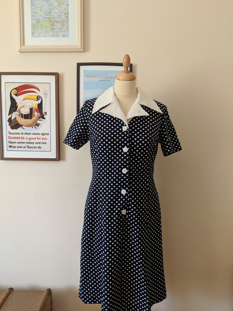 navy polka dot shift dress