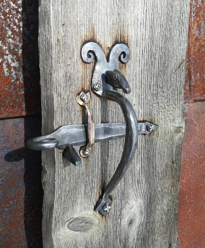 Blacksmith Door thumb-latch handle Set/ Forged iron Thumb Pull Handle with buffalo head/ Old Traditional Style thumb Latch image 1