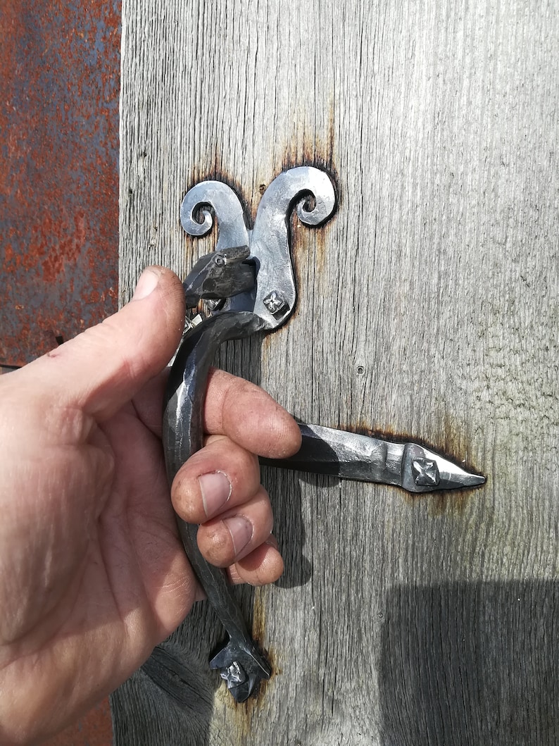 Blacksmith Door thumb-latch handle Set/ Forged iron Thumb Pull Handle with buffalo head/ Old Traditional Style thumb Latch image 3