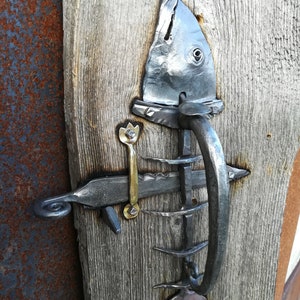 Blacksmith Door thumb-latch Fish handle Set/ Fish skeleton shapes forged iron Thumb Pull Handle/ Old Traditional Style thumb Latch