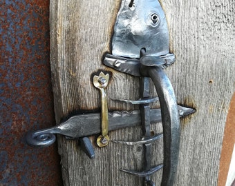 Blacksmith Door thumb-latch Fish handle Set/ Fish skeleton shapes forged iron Thumb Pull Handle/ Old Traditional Style thumb Latch