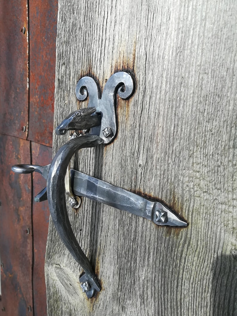 Blacksmith Door thumb-latch handle Set/ Forged iron Thumb Pull Handle with buffalo head/ Old Traditional Style thumb Latch image 2