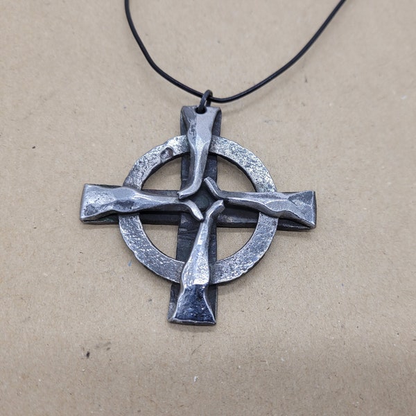 Forged Iron Celtic Sun Cross Pendant, Viking Necklace, Pagan symbol/ handmade pendant