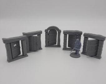 5 Hinged Doors, Figurine Miniature (Gray/Unpainted), RPG, Roleplaying games, Dungeons and Dragons, Pathfinder, Diorama, Medieval Decor