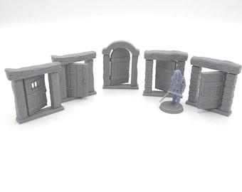 5 scharnierende deuren, miniatuurbeeldje (grijs/ongeverfd), RPG, rollenspellen, kerkers en draken, verkenner, diorama, middeleeuws decor
