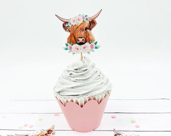 Highland cow cupcake toppers , cow party decorations ,