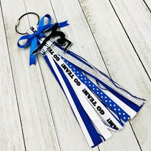 May include: A blue and white cheer bow with a silver glitter ribbon and a black and white "Go Team" ribbon. The bow is attached to a black ring.