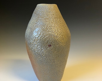 Sale - Ceramic carved vase, red dot, wood fired - 10H x 5W