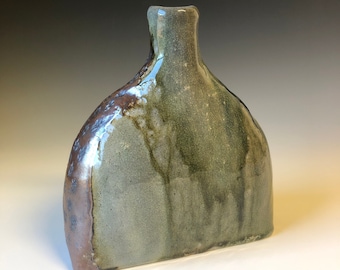 Sale - Ceramic flat vase, salt clay - 8H x 7 1/4W