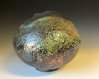 Raku Moon Jar, hand built & hand carved ceramic vessel, 8x8x8, Raku Fired