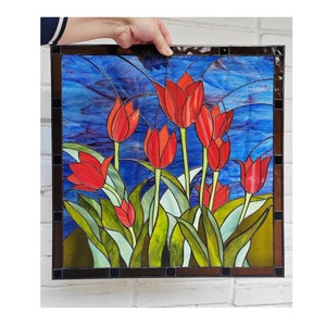 Red Tulips Flower Stained Glass Panel Suncatcher