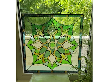 Square Geometric Green Stained Glass Window Hanging Panel Suncatcher