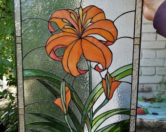 Orange Day-lily Lily Stained Glass Panel Suncatcher