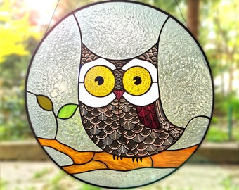 Owl Bird Stained Glass Window Hanging Home Decor Suncatcher