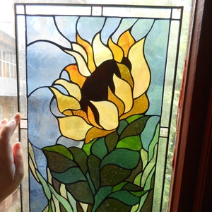 Sunflower Stained Glass Panel Window Hanging Floral Decor in Tiffany Glass Art Technique image 2