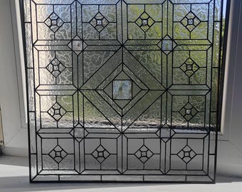 Clear Square Stained Glass Window Panel, Geometric Mandala Suncatcher, Hanging Art, Textured Glass Wall Decor, Handmabe Window Insert