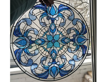 Round Geometric Blue Stained Glass Window Hanging Panel Suncatcher