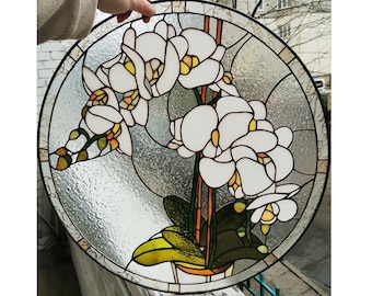 White Orchid Flower Stained Glass Panel Suncatcher Window Hanging