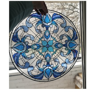 Round Geometric Blue Stained Glass Window Hanging Panel Suncatcher