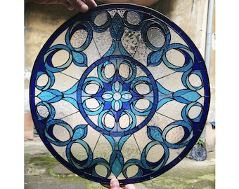 Round Geometric Blue Stained Glass Window Hanging Panel Suncatcher