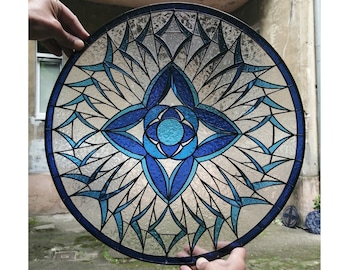 Round Geometric Blue Stained Glass Window Hanging Panel Suncatcher