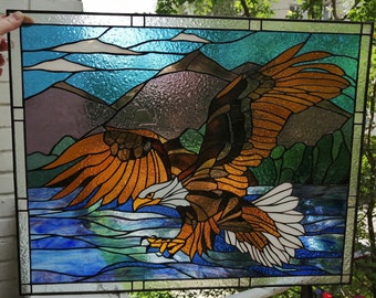 Bald Eagle Stained Glass Panel American Eagle in Flight Bird Suncatcher Window Hanging
