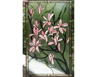 Panel de vitral con forma de flor de magnolia para atrapar el sol