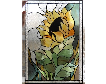 Sunflower Stained Glass Panel Window Hanging Floral Decor in Tiffany Glass Art Technique