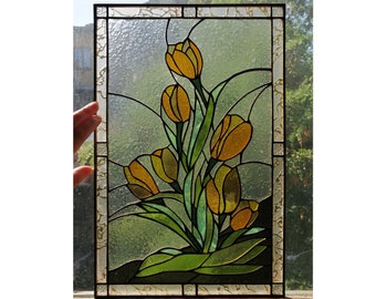 Yellow Tulip Flower Stained Glass Suncatcher Window Panel