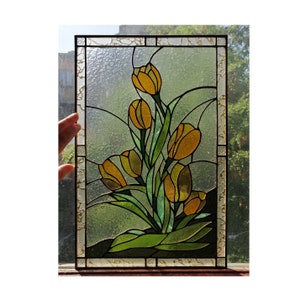 Yellow Tulip Flower Stained Glass Suncatcher Window Panel