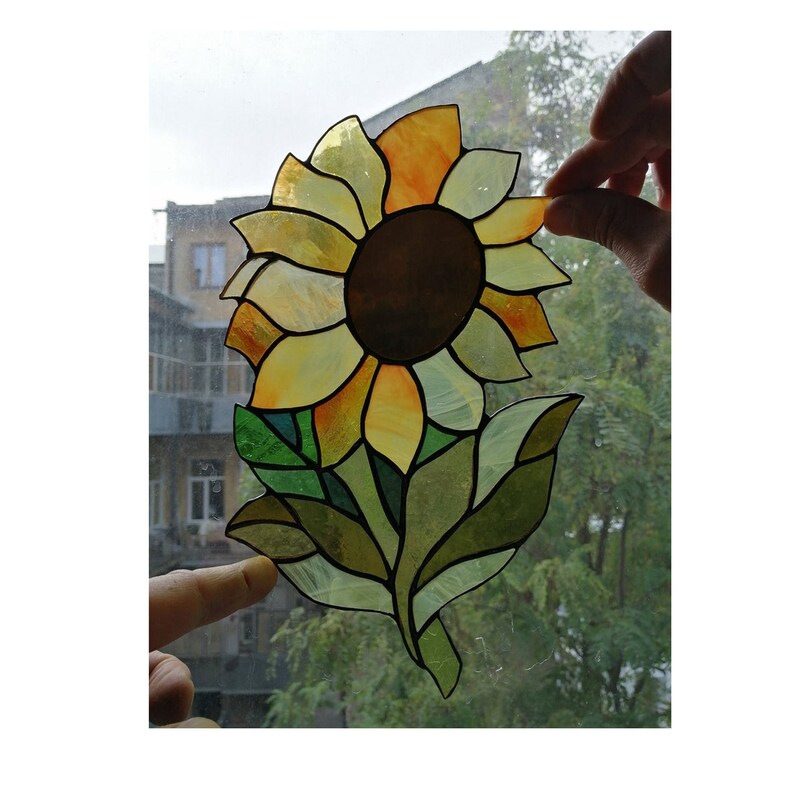 Sunflower Stained Glass Window Hanging Panel Suncatcher Home Etsy
