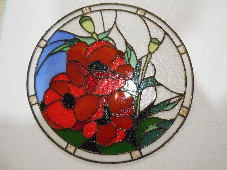 Poppies Stained Glass Panel Suncatcher Etsy