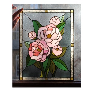 Peony Flower Stained Glass Panel Suncatcher Window Hanging Flower decor