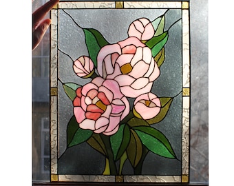 Peony Flower Stained Glass Panel Suncatcher Window Hanging Flower decor