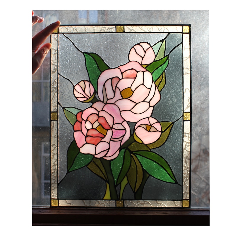 Peony Flower Stained Glass Panel Suncatcher Floral Decor - Etsy