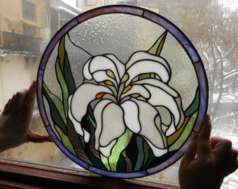 Lily Flower Stained Glass Panel Suncatcher Window Hanging