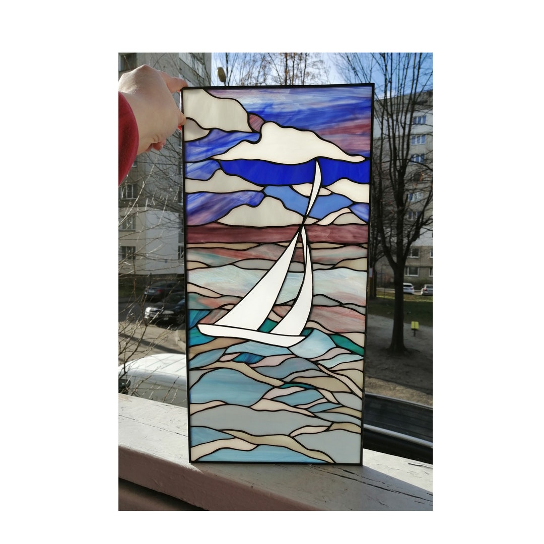 Sailboat Ship Stained Glass Panel Suncatcher Etsy