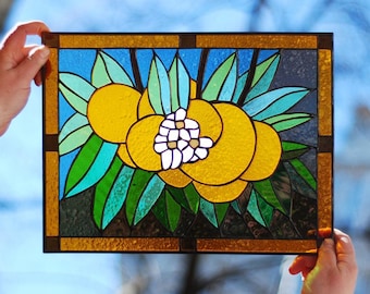 Orange Fruit Blossom Flower Stained Glass Panel Suncatcher