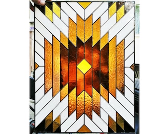 Southwestern Pattern Geometric Stained Glass Window Hanging Panel Suncatcher