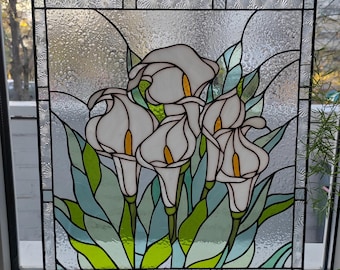 White Calla Lily Flower Stained Glass Panel Suncather in Tiffany technique Window Hanging Decor