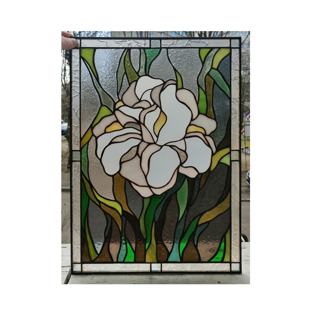 White Iris Stained Glass Panel, Tiffany Window Hanging - Etsy
