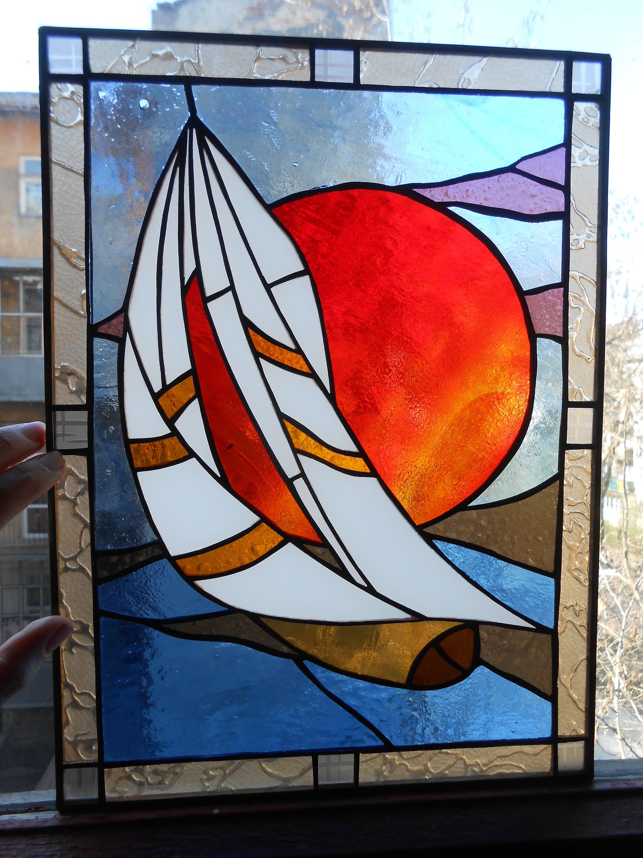 Sailboat Ship Stained Glass Panel Suncatcher Etsy