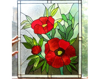 Poppies Flower Stained Glass Panel Suncatcher Window Hanging