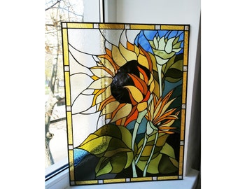 Sunflower Stained Glass Panel Flower Window Hanging Suncatcher