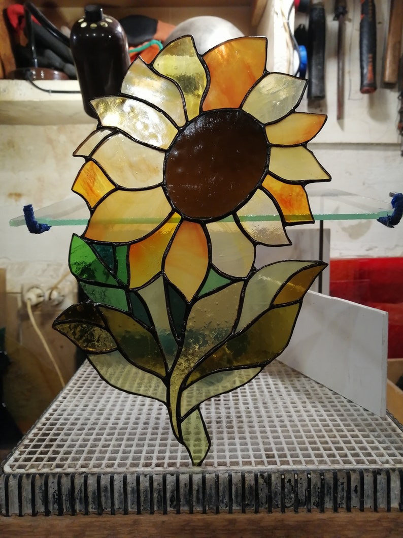 Sunflower Stained Glass Window Hanging Panel Suncatcher Home Etsy
