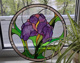 Purple Iris Stained Glass Panel, Tiffany Style Suncatcher Window Hanging