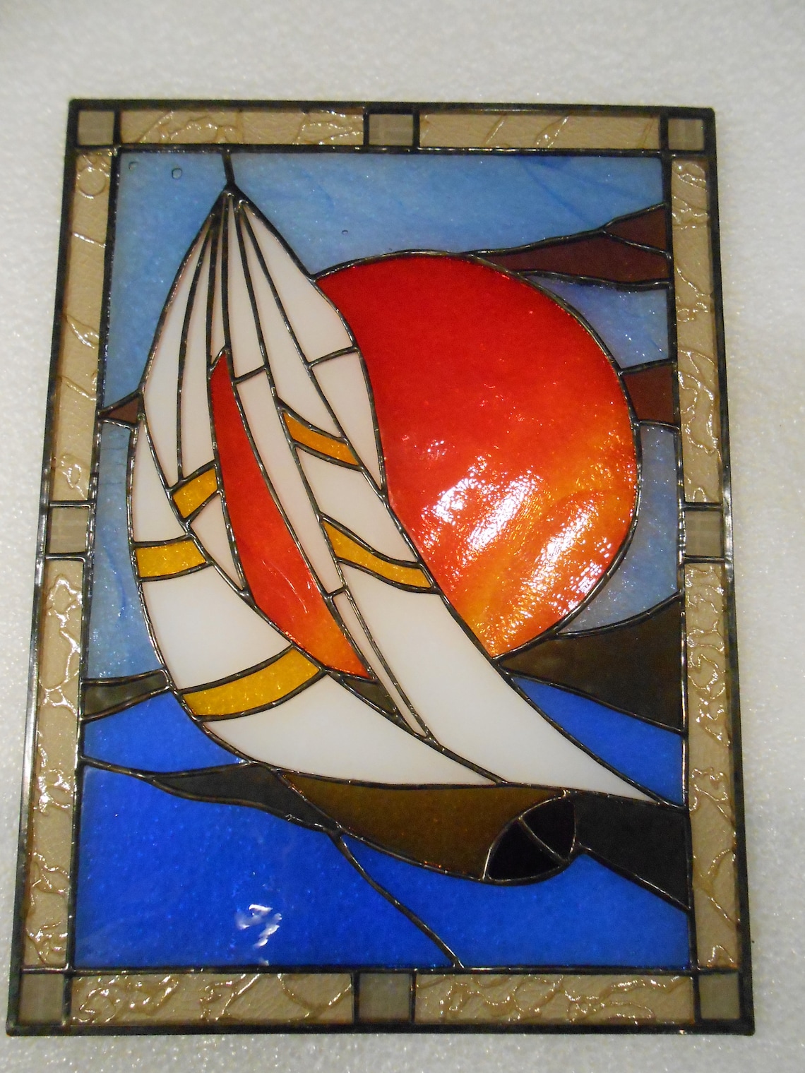 Sailboat Ship Stained Glass Panel Suncatcher Etsy