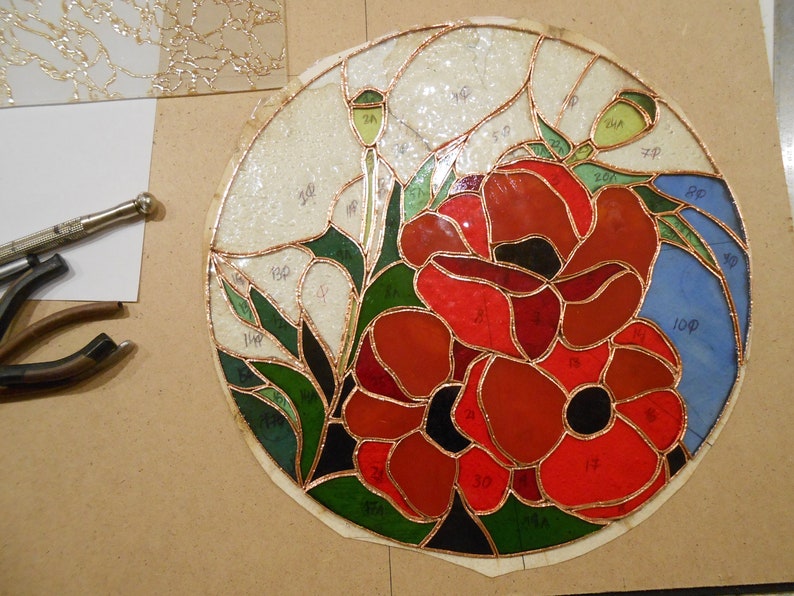 Poppies Stained Glass Panel Suncatcher Etsy